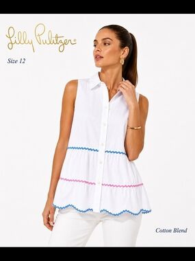 Lilly Pulitzer Women Breah Button Top White Cotton Blend 12